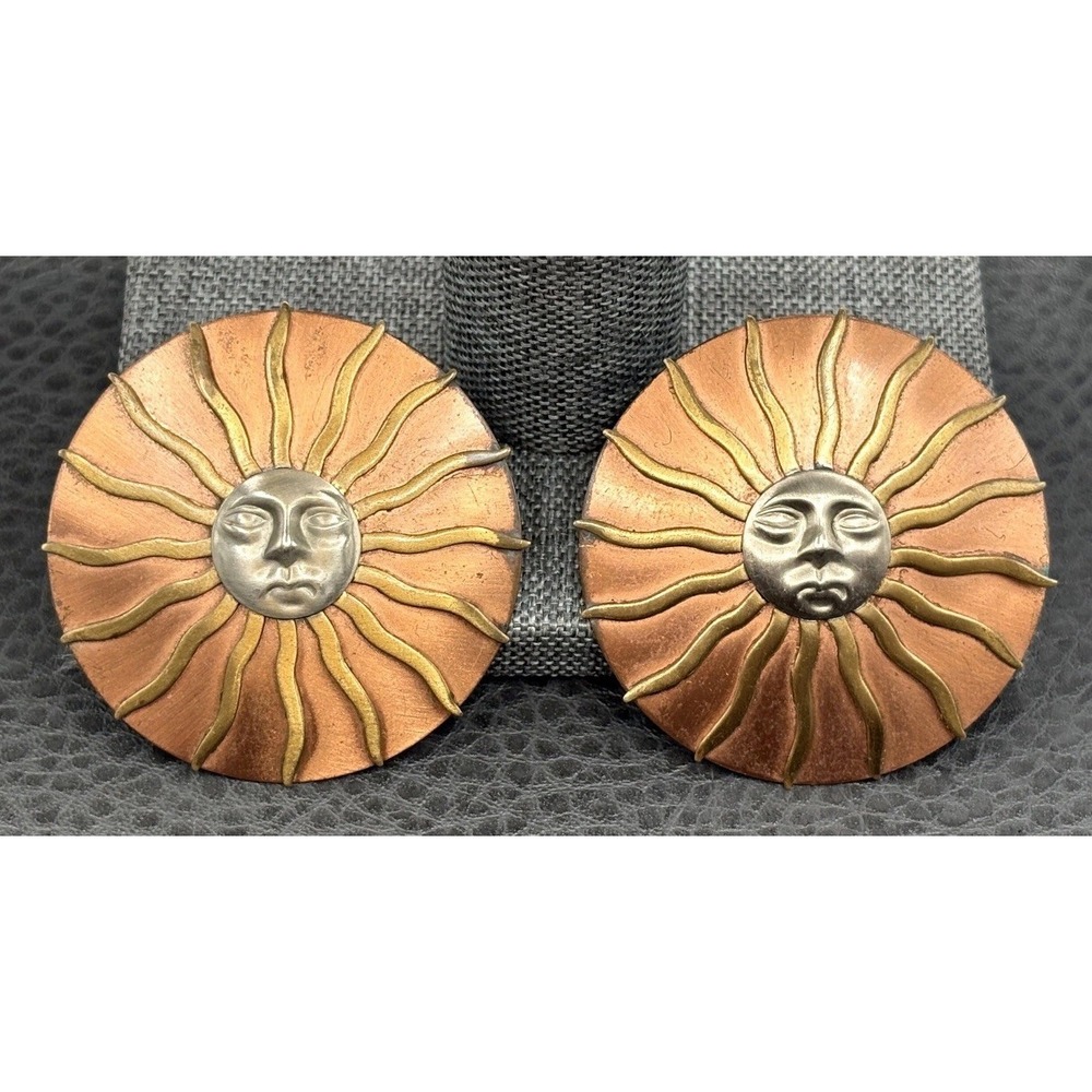 Vintage HUGE 80s Sun Face Celestial Mixed Metal Copper Brass Clip-On Earrings